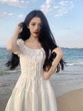 Zjkrl - Korean Design Sweet Lace Mini Dress Female Causal Beach Style Pure Color Dress Elegant Office Lady Ruffles Dress 2023 Summer