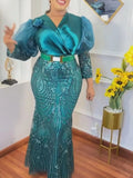 Zjkrl Plus Size African Party Long Dresses for Women 2023 New Dashiki Ankara Sequin Evening Gowns Turkey Outfits Robe Africa Clothing