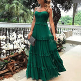 Zjkrl Green Tulle Spaghetti Strap Womens Dress Elegant Party Evening Sleeveless Sexy Long Dresses Pleated Ruffles Maxi Summer Dress