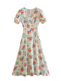 Women Floral Print Puff Short Sleeve Dress V Neck Romantic Ladies Holiday Summer Dresses French Style Vestido