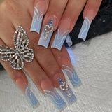 Zjkrl - 24Pcs Full Cover False Nails Red Rhinestone Planet Long Ballerina Coffin Nail Tips Detachable Fake Nails Press on Nails Manicure