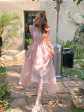 Zjkrl - 2023 Summer Chiffion Elegant Midi Dress Women Kawaii Clothing Short Sleeve Beach Style Party Dress Office Lady Korean Fashion