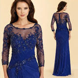 Zjkrl Latest Royal Blue Lace Mother of the Bride Dresses Jewel Neck With 3/4 Sleeves Wedding Party Gowns Applique Beaded
