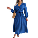 Zjkrl - F 2023 New Women Spring Summer Temperament Cross Solid Color V Neck Large Hem Pleated Long Dress For Fashion