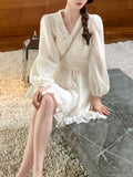 Zjkrl - French Elegant Mini Dress Women Solid Basic Sweet Vintage Chiffon Dress Office Lady One Piece Dress Korean Solid 2023 Spring