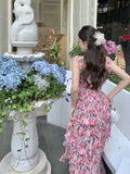 Zjkrl - 2023 Summer New In High Quality Floral Print Elastic Women Tiered Strappy Midi Long Summer Beach Vacation Dress Fairycore