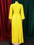 Zjkrl Sexy V-Neck Pleated Dinner Party Dress Women Yellow Elegant  with Belt Long Sleeve Robe Femme African Maxi Red Vestido
