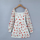 Zjkrl - 2023 Women French Style Rose Flower Print Satin Dress Vintage Puff Long Sleeve Ladies Holiday Mini Robe