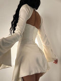 Zjkrl Long Sleeve Satin Dress White Sexy Evening Wedding Guest Night Dress Party Dress Draped Mini Birthday Dress For Women lined