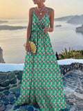 Zjkrl - Fashion V Neck Sling Print Party Dress New Summer Elegant Swing Long Dress Women Sexy Sleeveless Belt Bohemian Robe Dresses