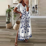 Zjkrl Vintage Print Maxi Dress Women 2023 Summer Elegant V Neck Short Sleeve Loose Split Casual Dress Female Party Boho Beach Vestidos