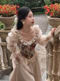 Zjkrl French Vintage Print Floral Dress Women O-neck Elegant Evening Party Midi Dress Female Puff Sleeve Korea Fairy Dress Autumn