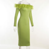 Slash Neck Off Shoulder Feather Long Sleeve Bodycon Autumn Dress Sexy Elegant Women's Midi Evening Wedding Party Dresses Green