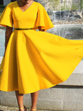 Women Dress V Neck Flare Sleeves A Line Pleated Swing Elegant Classy Female Occasion Summer Modest Runway Luxury Designer 2023
