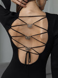 Zjkrl - Knitted Sweater Dress Women Sexy Backless Lace Up Mini Dress Female Round Neck Elegant Flare Long Sleeve Club Party Dresses