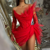 Zjkrl Modern Sexy Red Asymmetrical Mini Cocktail Dresses With Gloves Ruched Strapless Short Women Maxi Dresses To Birthday Prom Party