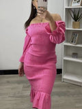 Zjkrl - Foridol Off Shoulder Women Sexy Rose Red Midi Dress Long Sleeve Ruffles Trimmed Elastic Smocking Beach Summer New 2023