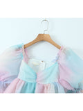 Zjkrl - 2023 Women Gradient Rainbow Print Organza Dress Vintage Puff Sleeve Sexy Backless Ladies Party Mini Robe Fairy Cake Dress