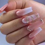 Zjkrl - 24Pcs Full Cover False Nails Red Rhinestone Planet Long Ballerina Coffin Nail Tips Detachable Fake Nails Press on Nails Manicure