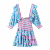 Zjkrl Summer Mixed Floral Prints Ruffled Holiday Dress Square Neck Smocked Sexy Laides Dress Mini Dress