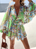 Sexy V-Neck Long Sleeve Top & Elastic Waist Short Floral Print Beach Outfit Fashion Lace Up Loose Chiffon Set Women Elegant Suit