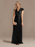 Zjkrl New Luxury Champagne V-Neck Sequin Evening Dress Women Party Maxi Dress Beading Gowns Long Prom Cocktail Dresses
