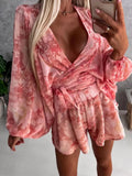 Sexy V-Neck Long Sleeve Top & Elastic Waist Short Floral Print Beach Outfit Fashion Lace Up Loose Chiffon Set Women Elegant Suit