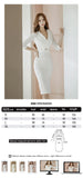 Zjkrl Fashion Elegant Women Dress Temperament Vintage Sexy V-Neck Split Midi Party Lady Formal Bodycon Female Lady White Robe Vestidos