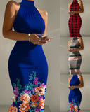 Zjkrl - Dresses For Women 2023 Spring Summer High Neck Sleeveless Print Midi Dress Sexy Bandage Plaid Striped Pencil Elegant Vestidos