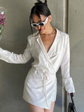 Zjkrl - Black Satin V-Neck Shirt Dress Women 2023 Spring Flare Sleeve Lace Up Mini Dresses Elegant Ladies Party Vestidos
