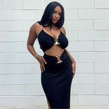 Zjkrl - 2023 Summer Cut Out Long Dress Black Sleeveless Women Metal Sexy Backless Halter Neck Maxi Dresses Party Club Clothes