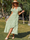 Zjkrl - 2023 New Boho Wrap Dress V-neck Flying Sleeve Maxi Dress Mujer Printing Sweet Long Dresses Chic Vestidos Ruffled Bandage Dress