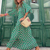 Women Vintage Bohemian Printing Beach Dress Fashion Bubble Sleeves V-Neck Long Dress Spring Summer Female Casual Loose Dresses