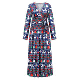 Women Maxi Dress Autumn Fashion Christmas Festival Print Long Sleeve V Neck Lace Up Slim Party Dresses High Streetwear