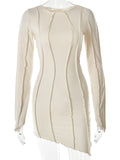 Zjkrl - Sexy Solid Patchwork O Neck Mini Dress Women Autumn Bodycon Long Sleeve Slim Fit Elegant Party Club Vestido