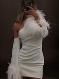 Zjkrl Sexy 2023 Spring Outfits One Shoulder Diagonal Collar Backless Long Sleeve Feather Short Dress Black White Evening Party Dresses