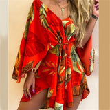 Sexy Large V Neck Bat Sleeve Dresses Casual Women's Spring Summer Fashion Print High Waist Lace-up Cotton Slim Fit Ladies Dressy