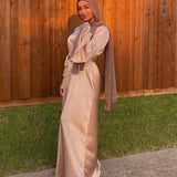 Soft Solid Muslim Dress O Neck Waist Women Ankle Length Fashion Dress Solid Long Satin Ramadan Muslim Clothes Long Sleeve Dress