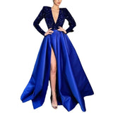 Sexy Deep V Sequins Long Sleeve Prom Dress New Fashion Patchwork High Split Pleated Party Dress 2023 Women Elegant Evening Dress