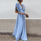 Zjkrl Formal Party  Dress Women Deep V-Neck Long Dress Elegant Flying Sleeves Backless Maxi Evening Dresses Robe De Soiree