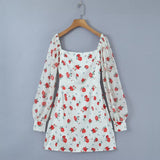 Zjkrl - 2023 Women French Style Rose Flower Print Satin Dress Vintage Puff Long Sleeve Ladies Holiday Mini Robe