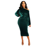 Zjkrl - Autumn Elegant Velvet Evening Dress Women Sexy One Off Shoulder Long Sleeve Bodycon Party Midi Dress 2022 Winter Clothes