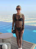 Women Fashion Sexy See-through Beach Long Dress Ladies Bright Diamond Beads Robe Female Summer Mesh Long-sleeved Dress