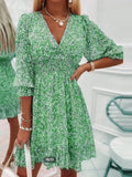 Zjkrl - Dress for Women Sexy V-neck 2023 New Midi Dress Bohemian Print Short-sleeved Floral Dress with A Nipped-in Waist Pullover