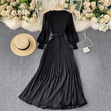 Women&#39;s Elegant Long Dress Spring and Summer Bubble Long Sleeve Pleated Belt Long Skirt 2023 Ladies French Temperament New Dress