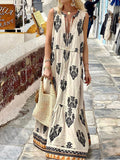 Printed Deep V Neck Loose Summer Beach Dress Fashion Boho Strap Draped Long Dress Women Casual Sleeveless Party Dresses New