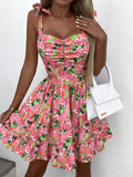 Zjkrl - 2023 Summer Fashion Short Boho Dress Women Mini Floral Print Dress Female Sleeveless Hanging Belt Printed Waist Folded Dress