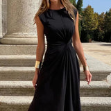 Women Maxi Dress Fashion Elegant Long Sleeve Lapel V Neck Pleated Solid Single Slit Beach Party Dresses High Streetwear