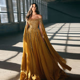 Zjkrl Elegant Ginger Yellow Sequined A-line Chiffon Evening Dresses With Long Split Batwing Sleeve Boat Neck Long Evening Gowns
