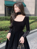 Zjkrl Velvet Elegant Evening Party Midi Dresses Ladies Black France Vintage Dress Women New Winter Korean One-piece Dress Autumn